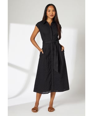 Black Broderie Tie Waist Midi Shirt Dress