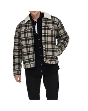 Mens Winter Jacket Long Sleeve Fur Collar Fleece Lumberjack Check
