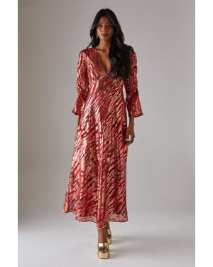 Metallic Jacquard Ruched Sleeve Plunge Neck Bias Midi Dress