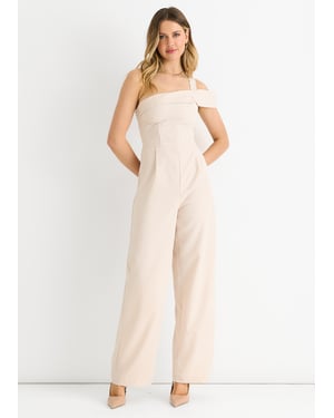 Cream Woven One Shoulder Wide Leg Jumpsuit
