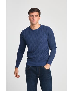 Blue Textured Knit Crew Neck Jumper