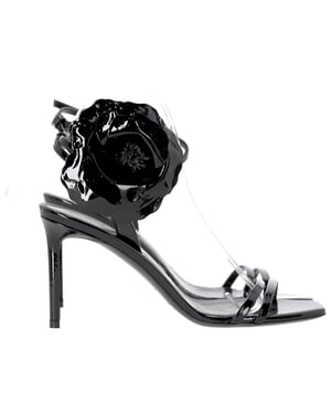 Saint Laurent Amber Flower-corsage Sandalen In Zwart Glanzend Leer