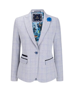 Dames blauw geruite blazer van wolmix met visgraatmotief en tweedmotief