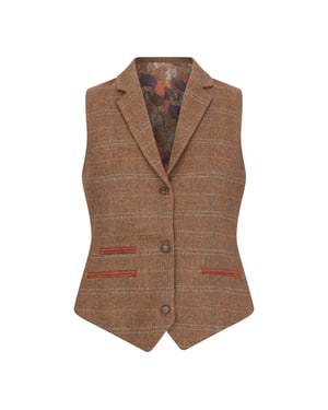 Dames Oak Brown Tailored Fit Tweed Gilet met Visgraatmotief