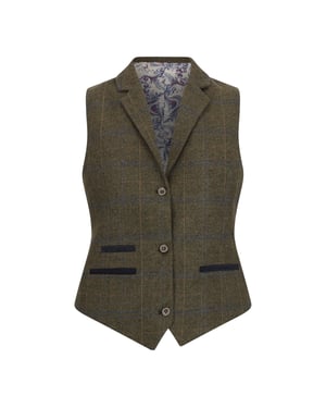 Dames olijfgroen getailleerde tweed gilet met visgraatmotief