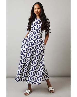 Navy Geo Print Seam Detail Midi Dress