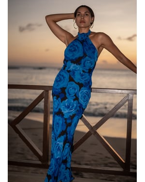 Blue Floral Occasion Halter Maxi Dress