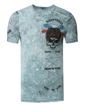 T-shirt met gewassen ronde hals, knoopsluiting en prints
