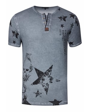 T-shirt met ronde hals en Henley-stijl, met opdrukken en knoopsluiting
