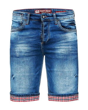 Blauwe gebruikte jeansshorts met ruitjesmotief "SATTO"