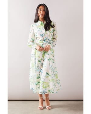 Petite Fruit Print Organza Belted Shirt Dress