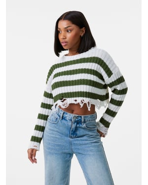 Distressed Striped Crop Knit Jumper