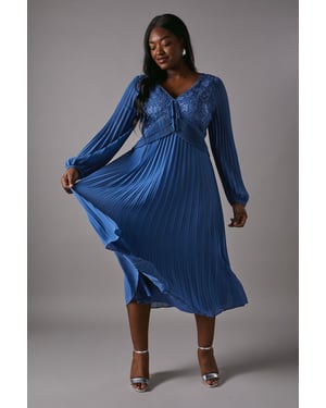 Plus Lace Insert Long Sleeve Pleat Dress