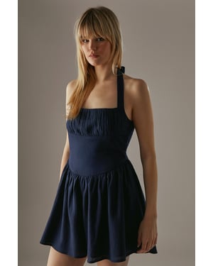 Premium Linen Blend Pintuck Halter Babydoll Playsuit