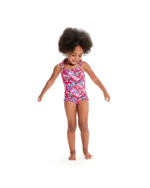 Speedo Een eendelig babypakje met dunne bandjes en franje, bedrukt om te leren zwemmen (Roze/paars)