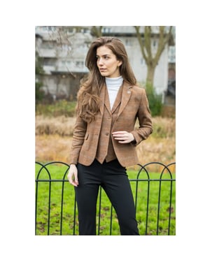Dames Oak Brown 2-delige set Tweed Blazer Vest met visgraatmotief