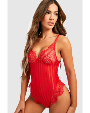 Eyelash Lace And Stripe Mesh Bodysuit