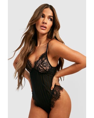 Eyelash Lace And Stripe Mesh Bodysuit