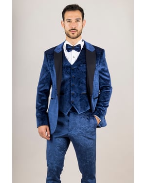 Heren Blauwe 3-delige Fluwelen Trouw Tuxedo Formele Pak