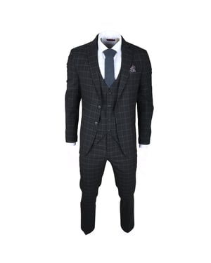 Men's Black Checked 3 Piece Suit Tailored Fit