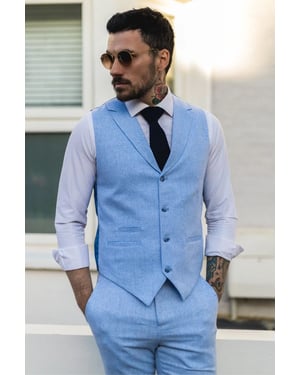 Heren Zomer 2-delige Pak Linnen Formeel Blauwe Vest Broek