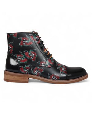 Justin Reess Men's Black Floral Skull Print Leather Oxford Ankle Boots - Adam Skull