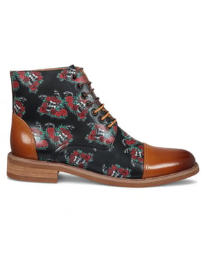 Justin Reess Men's Brown Floral Skull Print Leather Oxford Ankle Boots - Adam Skull