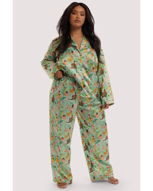 Playful Promises Bodil Jane Nudes And Flowers Drop Hem Recycled Satin Long Sleeve Pj Top