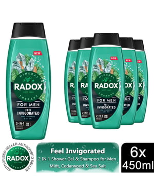 Radox Mineral Therapy Feel Invigorated Shower Gel & Shampoo For Men, 450ml 6pk
