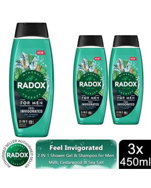 Radox Mineral Therapy Feel Invigorated Shower Gel & Shampoo For Men, 450ml 3pk