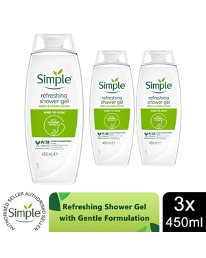 Simple Kind To Skin Refreshing Shower Gel With Gentle Formulation 450ml, 3 Pack