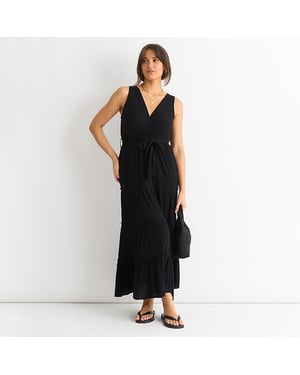 Black Viscose Wrap Tiered Maxi Dress