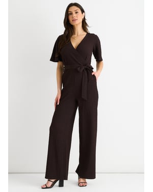 Chocolate Textured Jersey Wrap Wide Leg Jumpsuit