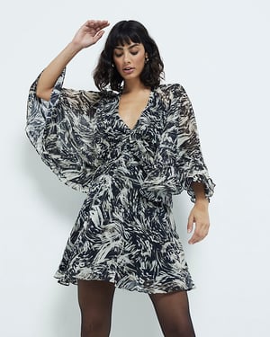 River Island Womens Mini Dress Brown Abstract Print Cape