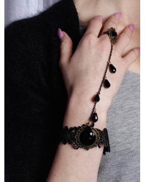 Lace Bracelet With Charm And Ring Detail In Black