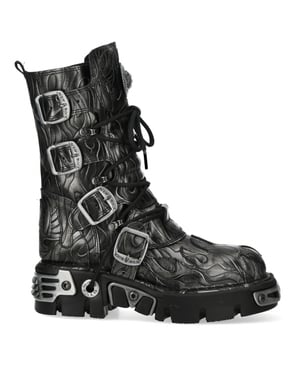 New Rock M-591-C63 Halvhöga Svarta Stålläder Metalliska Gotiska Stövlar