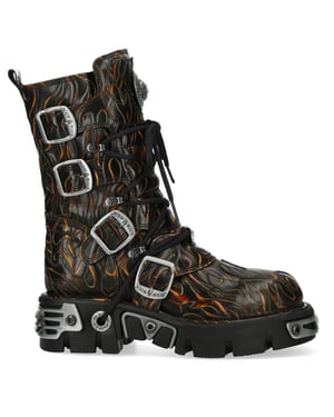 New Rock M-591-C62 Halhöga Svarta Flamed Läder Metallic Gothic Stövlar