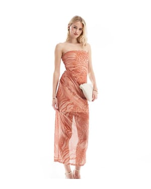 ASOS DESIGN Tall bandeau midi dress with drape mesh bodice in orange animal print-Multi