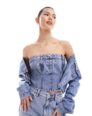 Miss Selfridge denim bandeau top in mid wash-Blue