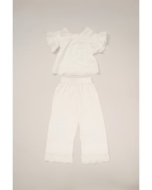 Broderie Top and Wide Leg Trouser Outfit Set