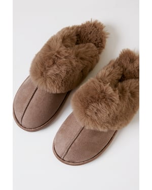Taupe Faux Fur Lined Mule Slippers