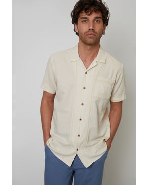 Natural Cotton Crochet Lace Short Sleeve Shirt With Linen
