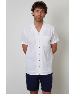 White Cotton Crochet Lace Short Sleeve Shirt With Linen