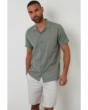 Pale Green Linen Blend Palm Embroidered Short Sleeve Shirt