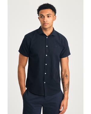 Navy Linen Short Sleeve Logo Shirt