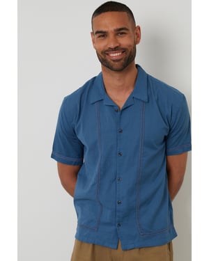Blue Linen Blend Lace Trim Relaxed Fit Shirt