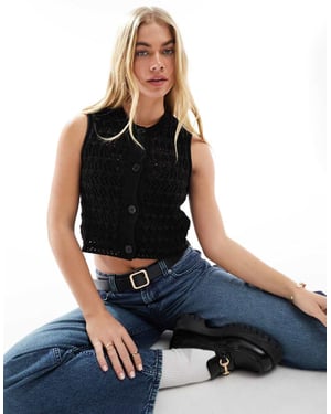 ASOS DESIGN knitted open stitch button through waistcoat in black