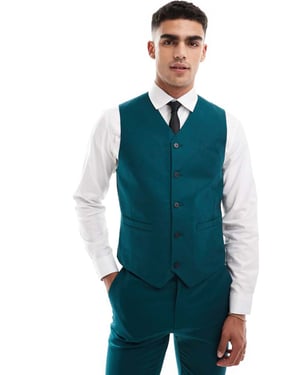 ASOS DESIGN skinny with linen suit waistcoat in teal green