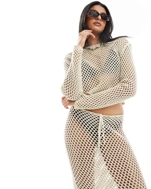 Miss Selfridge open knit crochet holey slouch jumper in taupe-Neutral