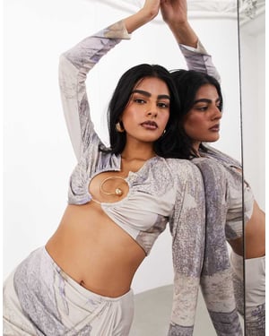 ASOS EDITION spiral trim ruched detail top with long sleeves in abstract print-Neutral